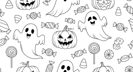 Seamless halloween pattern with pumpkins, ghosts, and candies, perfect for wrapping paper and fabric designs