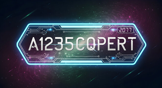 Futuristic Glowing Hexagon with Letters and Numbers on Nebula Background - Powered by Adobe
