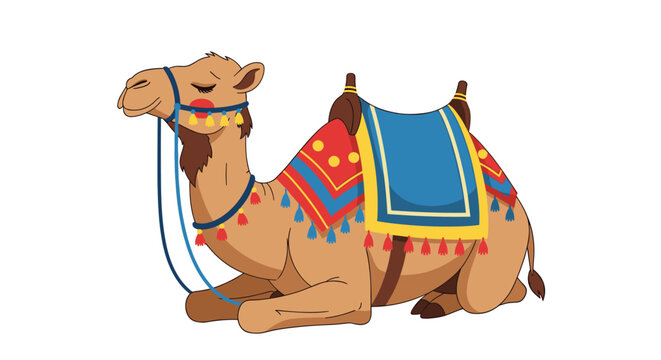 An ornately decorated camel rests peacefully in a sandy desert environment.