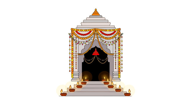 Ornate Hindu Temple Entrance Illustration for Festive Celebrations and Cultural Representations, Suitable for Religious Events and Traditional Design Projects.