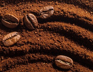Roasted coffee beans resting on ground coffee