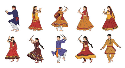 Vibrant Dandiya Raas Dancers Illustration for Cultural Celebrations and Festive Decorations. Ideal for illustrating Indian festivals, dance performances, or cultural event promotions.