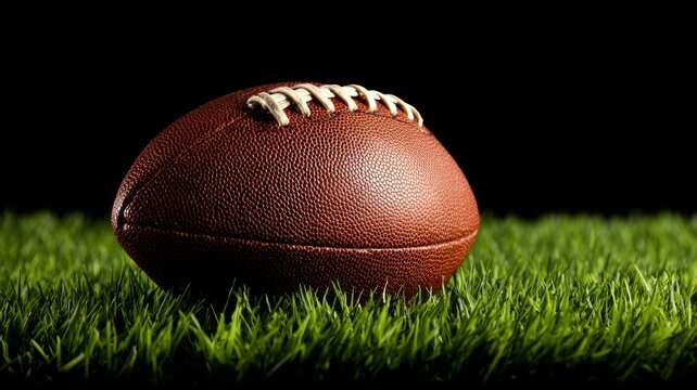 American football ball placed on green grass field isolated against dark black background showing professional sports equipment for training, competition, and athletic game concept - Powered by Adobe