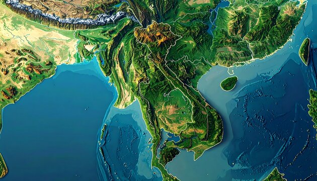 Topographical 3D Map of Southeast Asia: Lush Greenery, Deep Blue Oceans, and Mountainous Terrain
