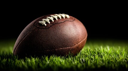 American football ball placed on green grass field isolated against dark black background showing professional sports equipment for training, competition, and athletic game concept
