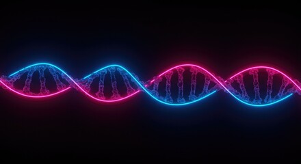Vibrant neon DNA helix glows with futuristic blue and pink light against a dark, abstract background, symbolizing life, science, and genetic innovation.