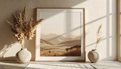 A serene interior display features a framed landscape print, pampas grass, and a light beige vase, showcasing a warm aesthetic.