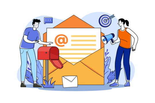 Cartoon Illustration of Email Marketing Campaign with Envelope and People on Transparent Background