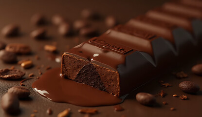 A close-up of a broken piece of chocolate bar with creamy caramel interior, shards and tiny chocolate fragments scattered around a glossy smear  4K image, HD image