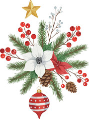 Festive Christmas arrangement with ornaments and seasonal decorations.