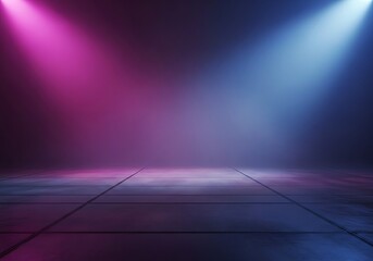 Obraz premium An Empty Dark Stage With Vibrant Magenta And Blue Spotlights Illuminating A Tiled Floor, Ideal For Product Showcases Or Event Backdrops.