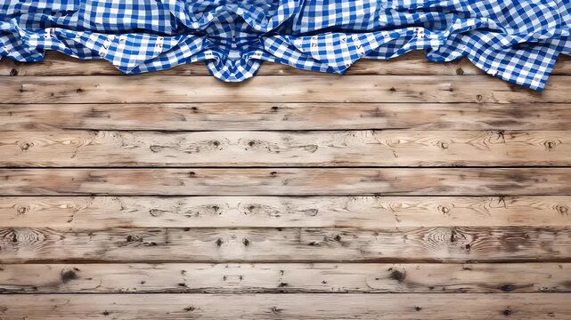 Rustic wood table backdrop with flowing blue gingham fabric for dynamic food styling or product presentation, evoking warmth and a homely feel