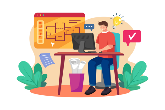 Cartoon Designer Working on Computer at Desk With Trash Can and Light Bulb on Transparent Background