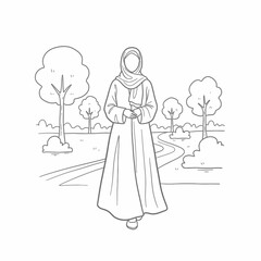 Line drawing of a woman in traditional attire standing outdoors on a path.