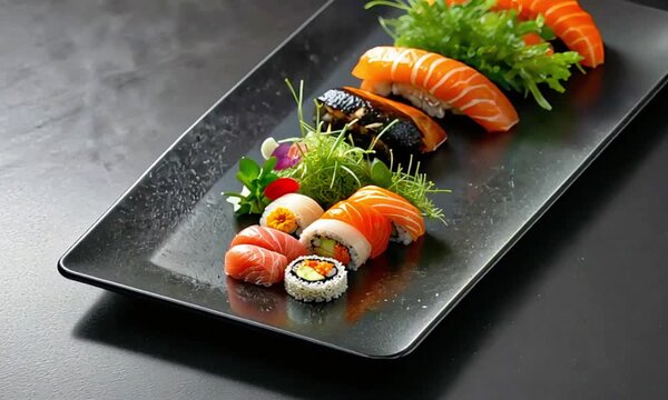 A beautifully presented sushi dish on a rectangular black plate. The sushi includes various pieces such as salmon nigiri, shrimp tempura, and a roll, accompanied by fresh vegetables