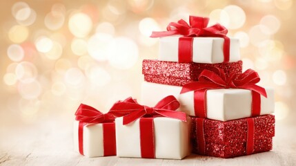 Obraz premium Beautifully Wrapped Christmas Gifts with Red Ribbons and Sparkles