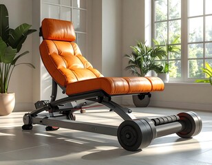 Modern orange reclining chair with wheels in a bright room