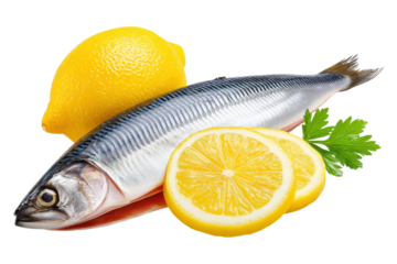 Close-up of smoked herring fillet with lemon slice in gourmet presentation, isolated on transparent background