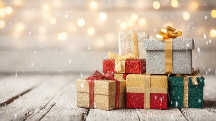 Fototapeta premium Colorful Gift Boxes on Wooden Surface with Holiday Background Lights