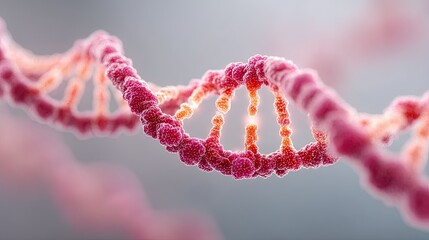 Macro Shot of a Red Orange and Purple Holographic DNA Strand Against Soft Grey Background with Glowing and Futuristic Look