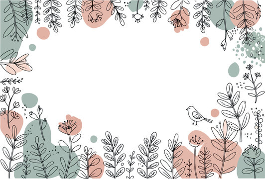 Floral frame with a cute bird and botanical elements.