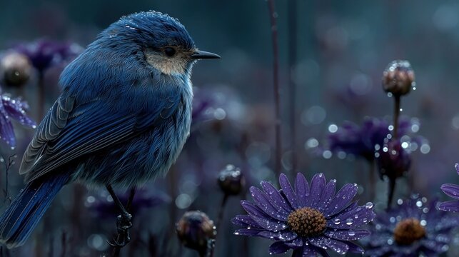 Dark blue night scene with bird and dew-covered flower under moonlight - Powered by Adobe