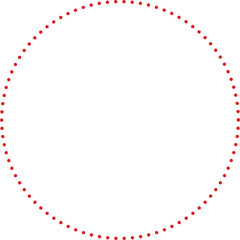 This is a minimalist graphic image featuring a large circle composed entirely of small, red dots. These dots are evenly spaced and form a perfect circular outline against a plain.