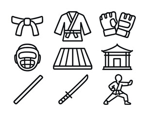Fototapeta premium Martial arts icon set with belt, gi, gloves, and equipment in line art style