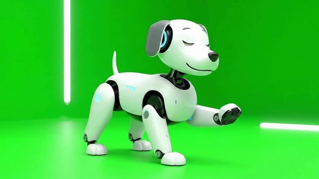 Futuristic robotic dog projects laser pointer beam for interactive play in vibrant green studio
