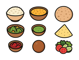 Indian cuisine elements: rice, lentils, bread, vegetables, chutney, spices
