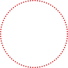 This is a minimalist graphic image featuring a large circle composed entirely of small, red dots. These dots are evenly spaced and form a perfect circular outline against a plain.