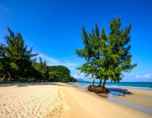 Beach scene with pine trees
