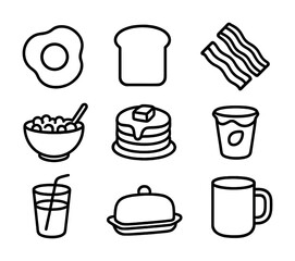 Breakfast icons: egg, toast, bacon, cereal, pancakes, juice, butter, coffee