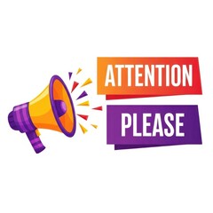 Bright megaphone announcing attention please with colorful sound waves notification isolated on white background