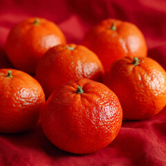 Vibrant orange tangerines with green stems arranged on a rich red fabric background. Close-up still life of fresh citrus fruits for healthy eating or festive concepts.
