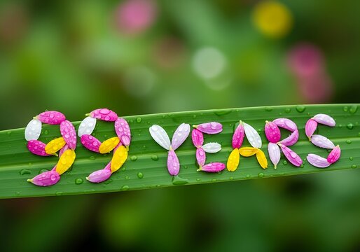 Beautiful 99 Years Text Crafted from Colorful Petals on Dewy Green Leaf, Soft Background