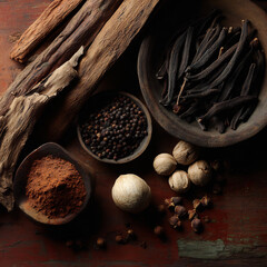 Assortment of Dried Spices, Herbs, and Natural Ingredients in Wooden Bowls on a Rustic Table, Top View
