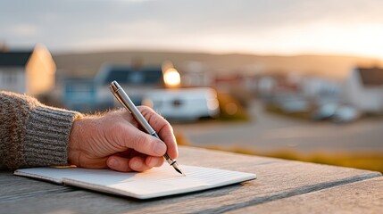 Close Up of Man Writing on Notebook with Pen Against Blurry Coastal Town at Sunset
