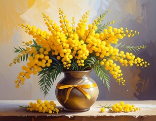 A still life painting of a vase filled with bright yellow flowers