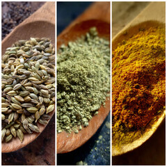 Aromatic Spices Closeup: Fennel Seeds, Green Spice Powder, and Turmeric on Wooden Spoons