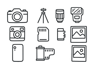 Camera equipment icons: dslr, tripod, lens, flash, memory card, smartphone, film roll, photo frames