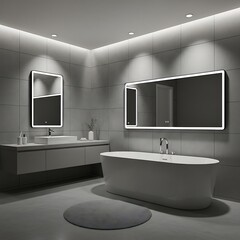 Modern Bathroom with Sleek Mirrors and Bathtub.