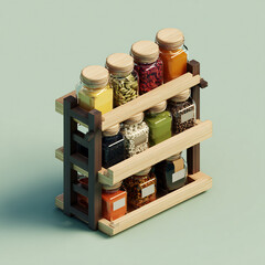 Wooden Spice Rack with Assorted Glass Jars and Colorful Spices