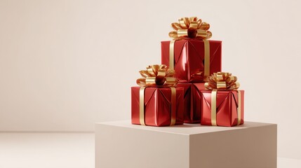 Glamorously Wrapped Red Gifts with Gold Accents on Display