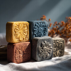 Handmade artisanal soap bars with floral relief patterns in various colors (yellow, blue, brown, grey) stacked and arranged on white fabric, bathed in soft natural light.