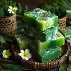 Natural Green Soap Bars with Frangipani Flowers and Leaves in Woven Basket