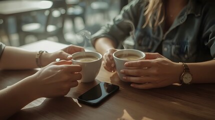 Two people holding cups of coffee and sitting at a table with a smartphone
