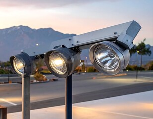 Modern outdoor lighting fixtures at dusk