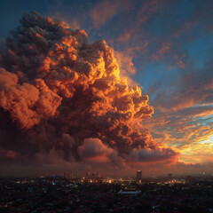 Gigantic orange and red smoke plume ascending dramatically over a bustling city skyline at sunset, creating a powerful and awe-inspiring natural phenomenon.
