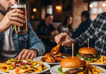 Friends enjoying food and drinks together at a restaurant with burgers and nachos and beer